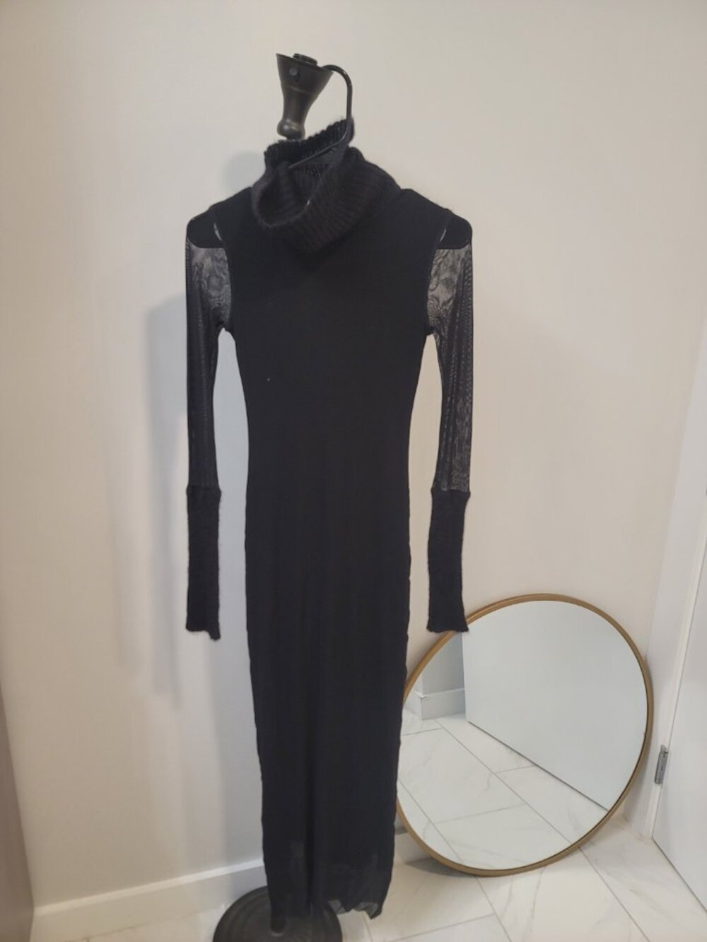 FUZZI Black Mesh Turtleneck Long Sleeve Maxi Dress Size Xs